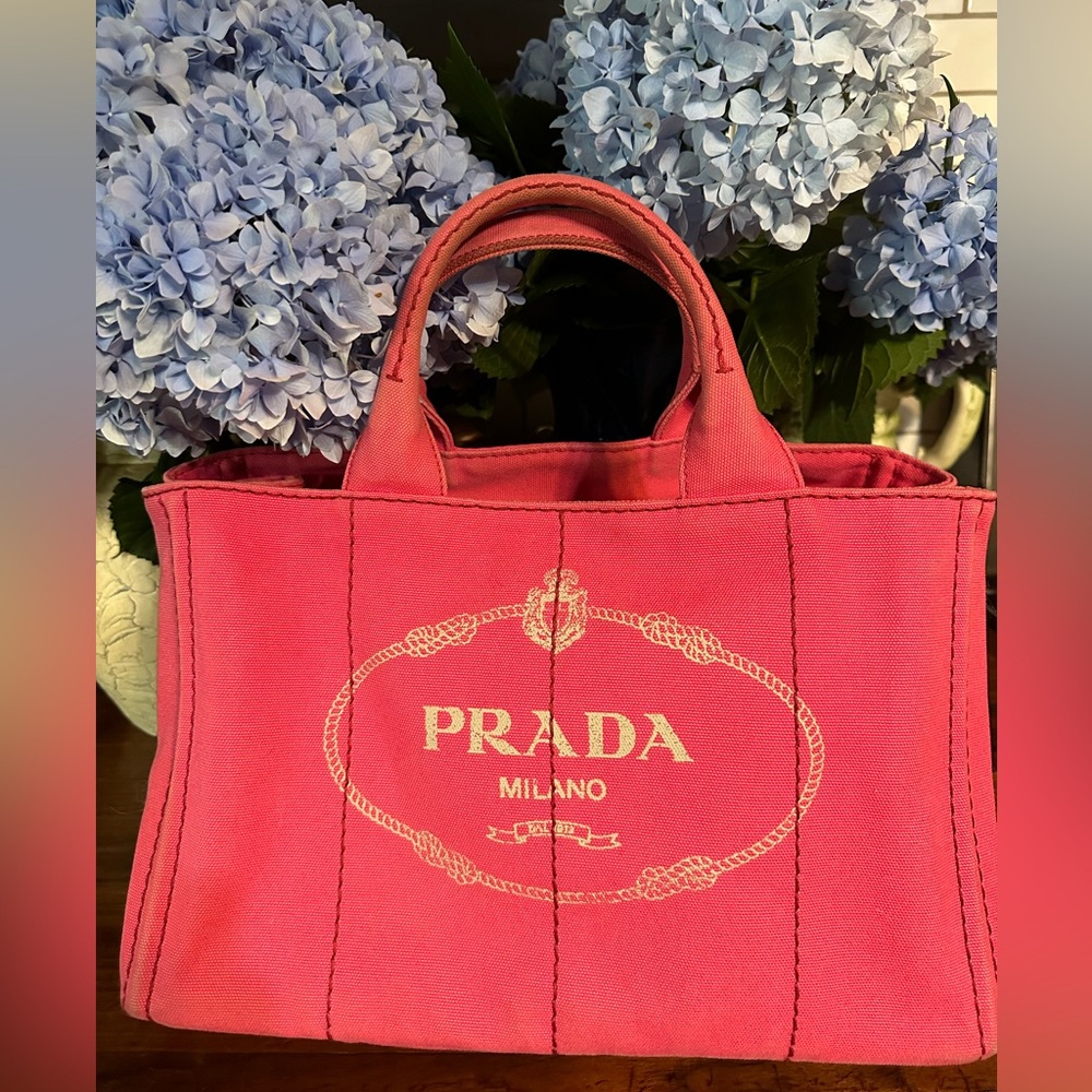 Prada distressed Canapa tote pink canvas bag. Authentication documents included